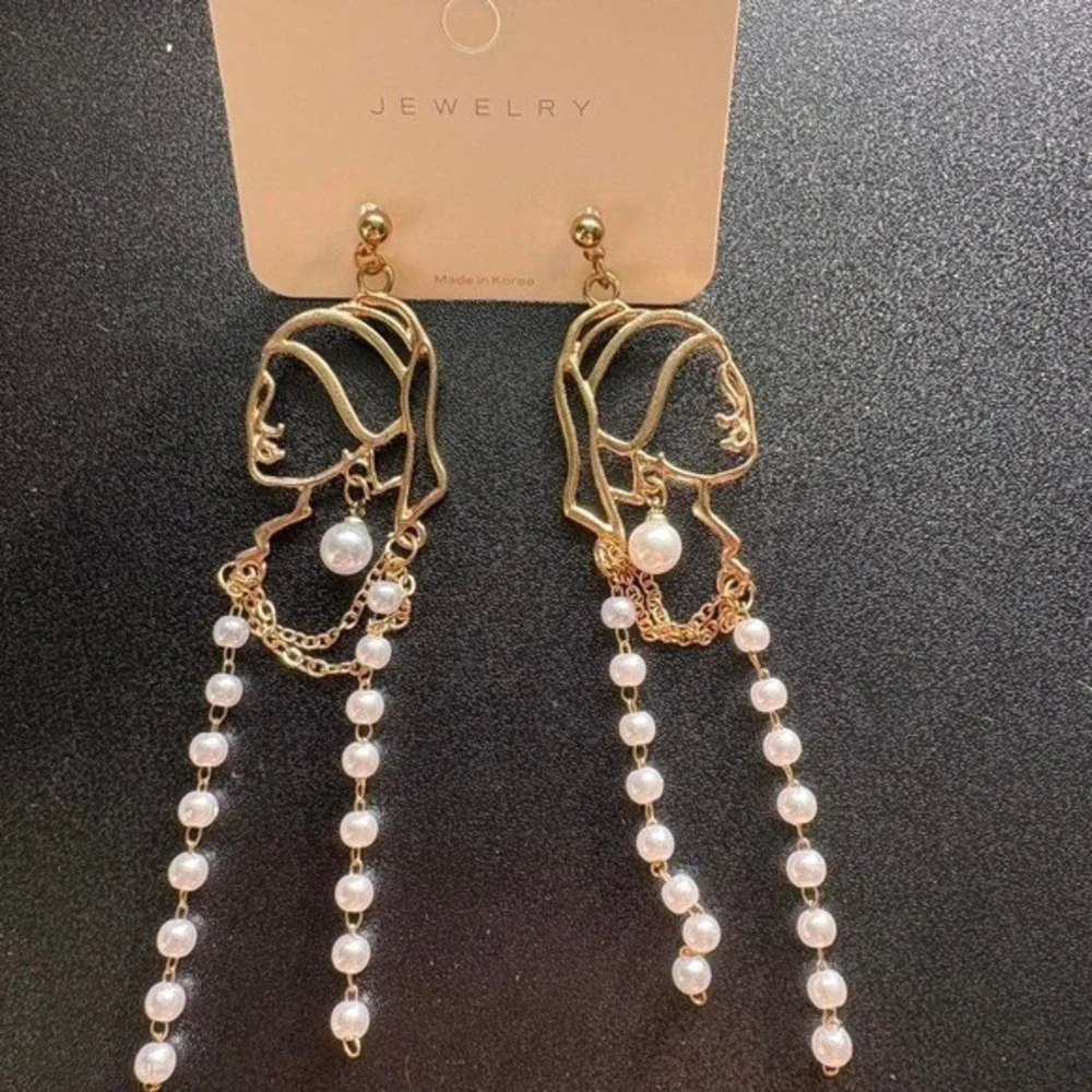 Gold Face Outline Pearl Drop Earrings Inspired by 